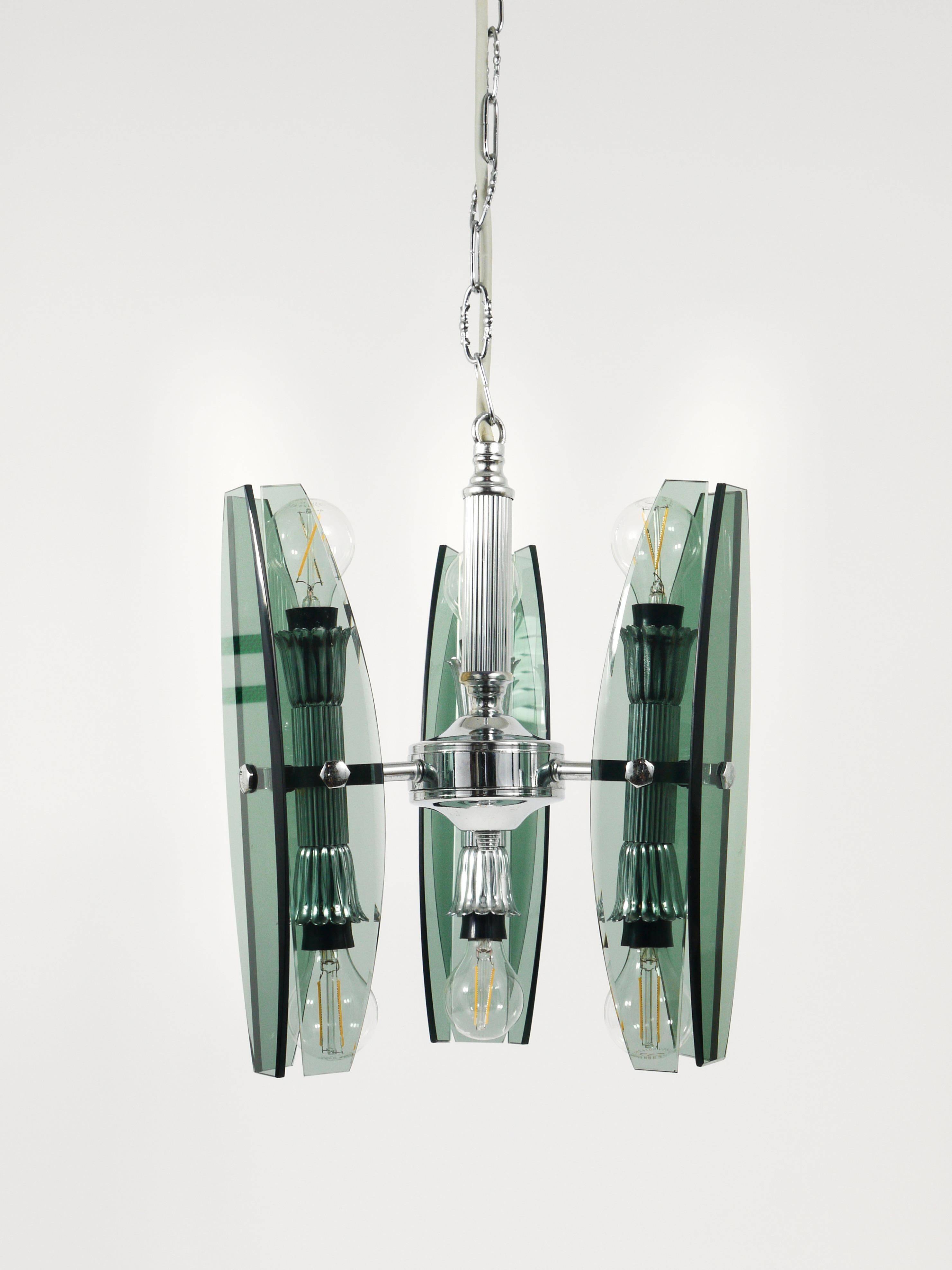 Glass and chrome suspension light in Fontana Arte style by Veca Murano, Italy.