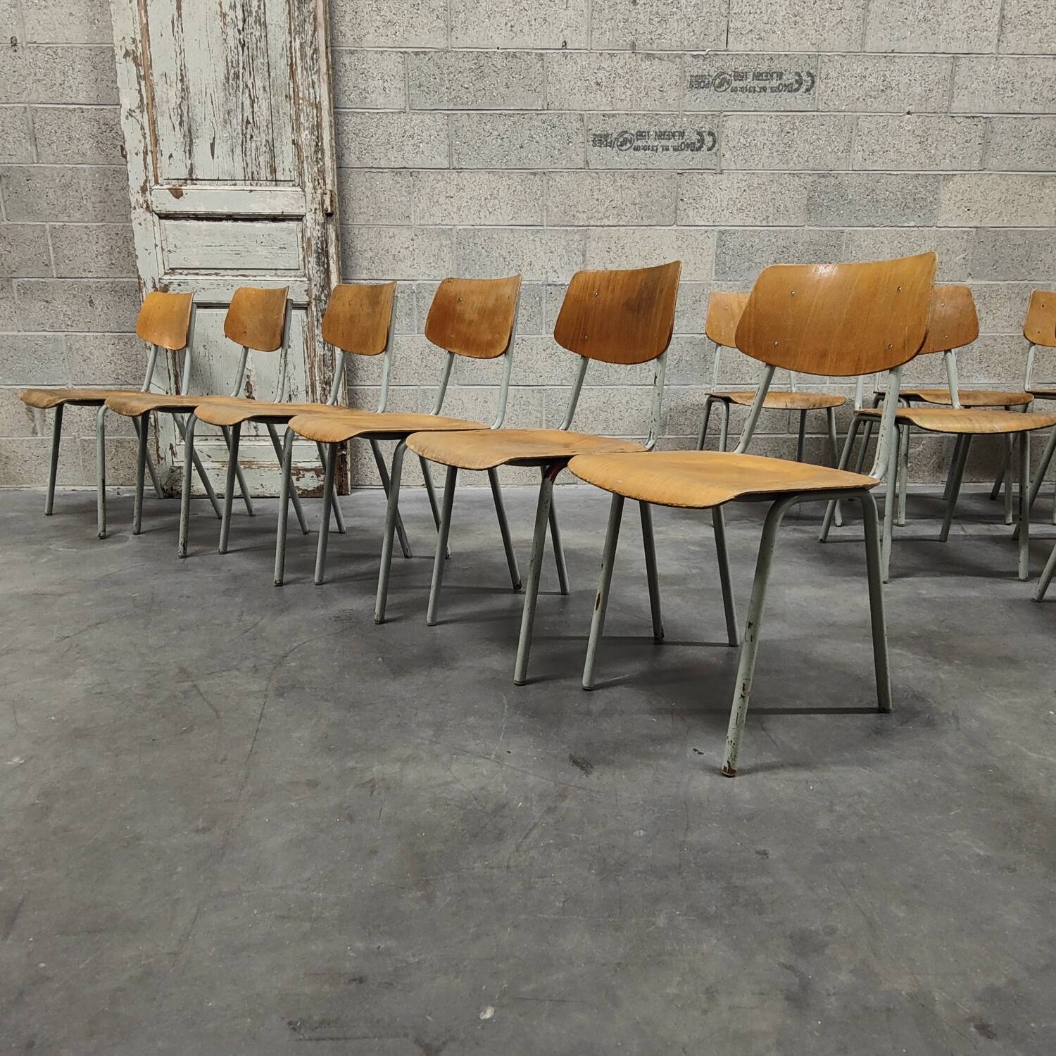 Set of 12 metal and wood school chairs Czechoslovakia Kovona
