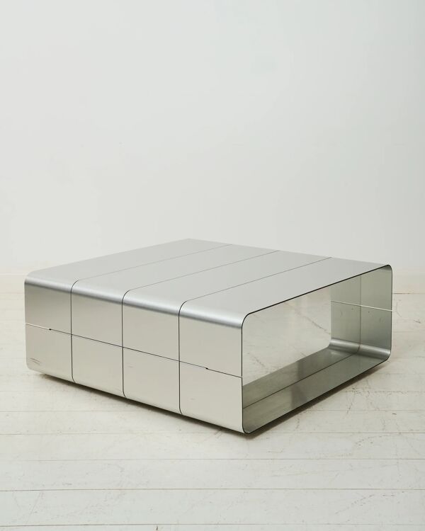 Table basse en aluminium et miroir, Roche Bobois, 1970-1980
