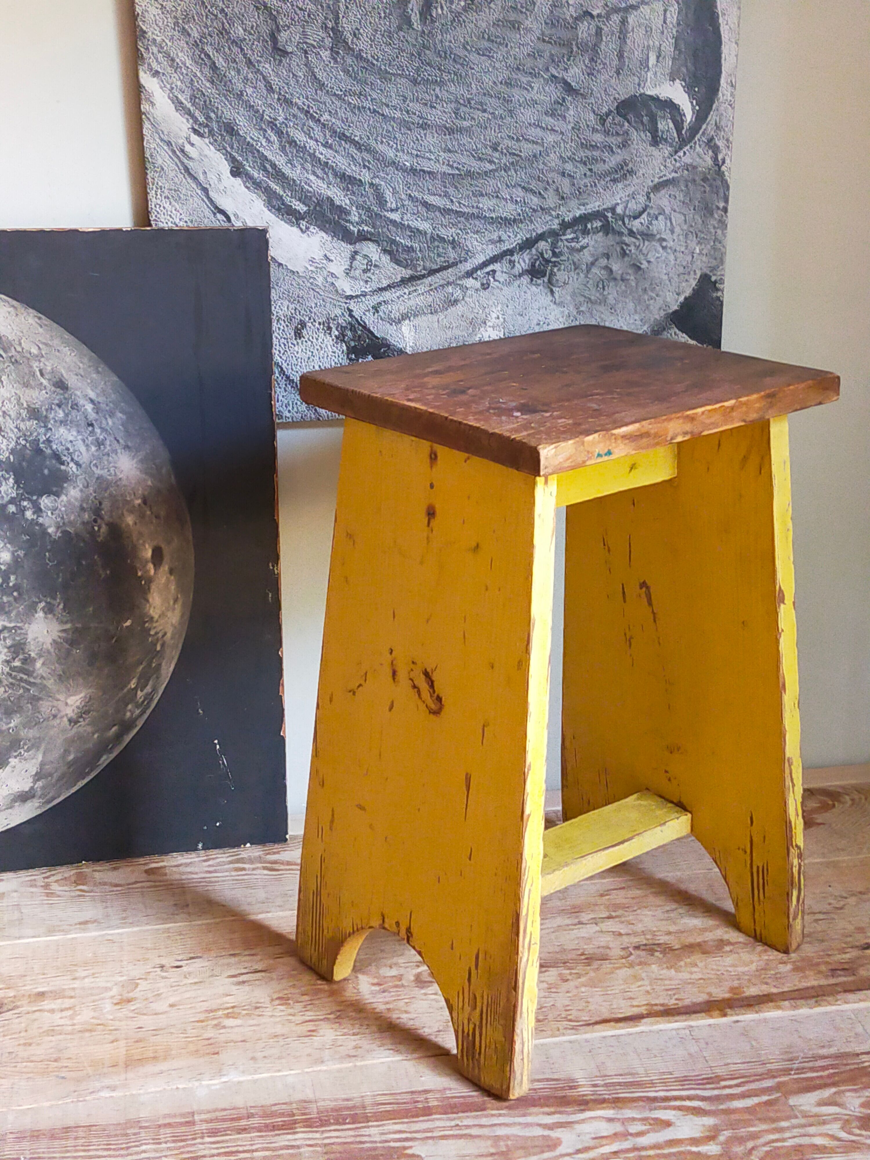 Art-populaire workshop stool in patinated wood