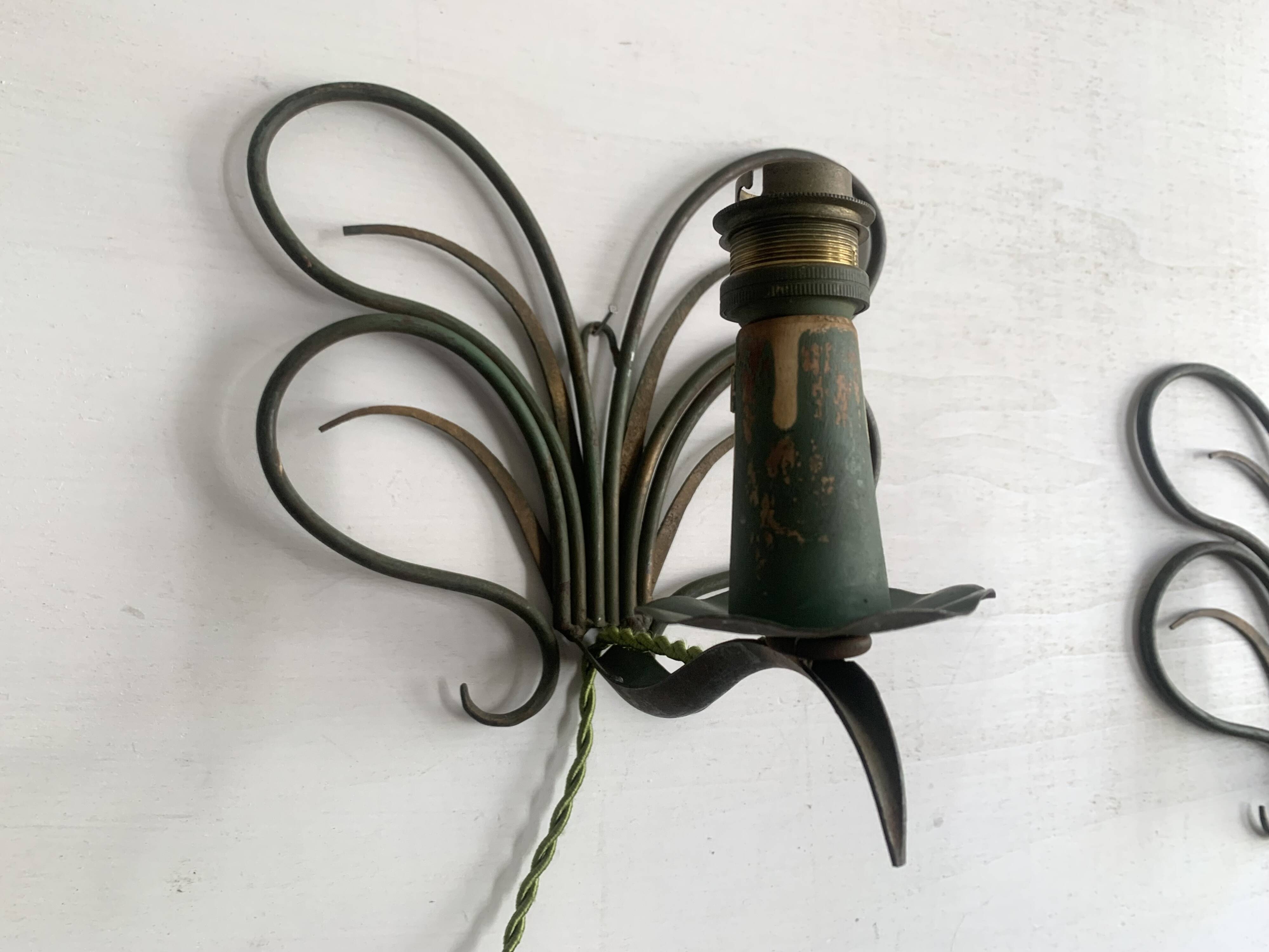 Pair of wall lights in patinated green painted iron, 1950s