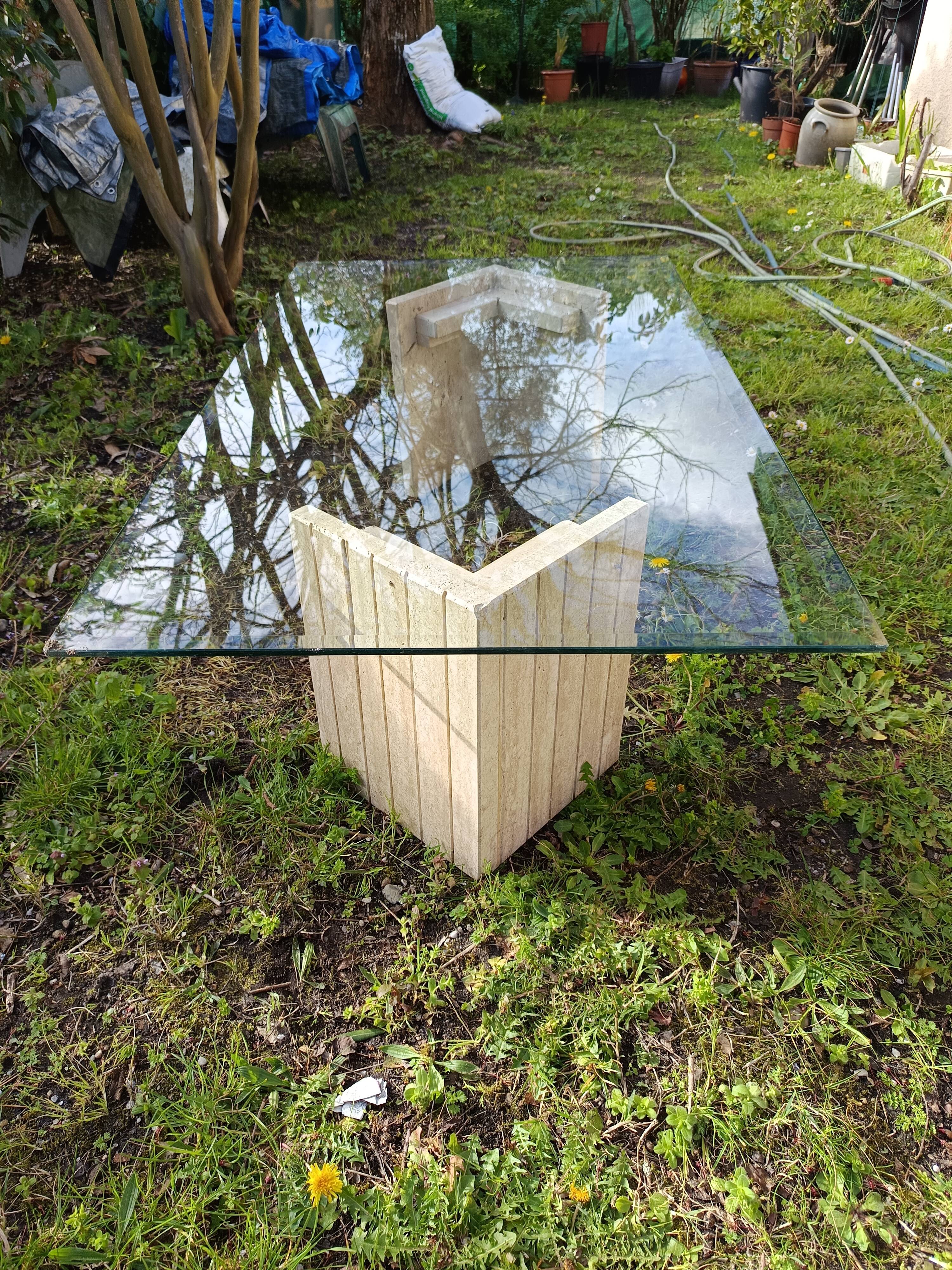 table basse design 1970 verre et travertin