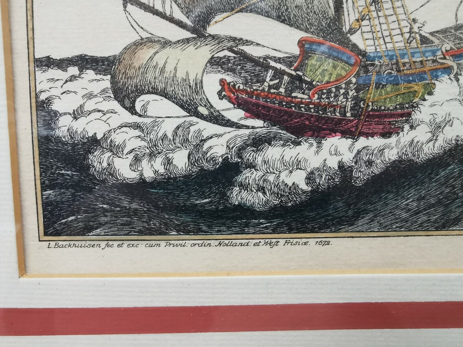 Beautiful setting marine boats ships galions, litho. holland 1672