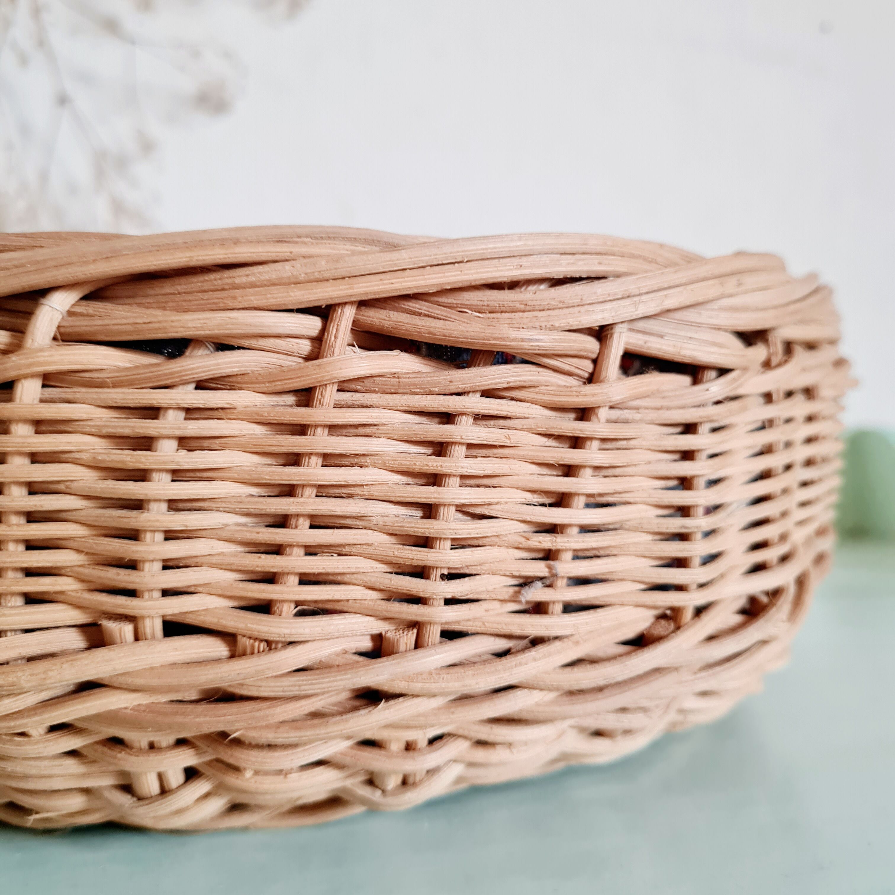 Vintage rattan basket interior liberty fabric
