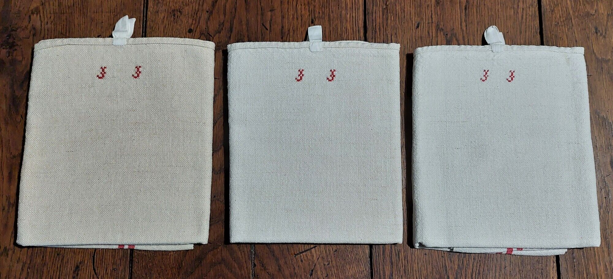 Old tea towels series of three monogram red J J hemp 57 X 90 cm