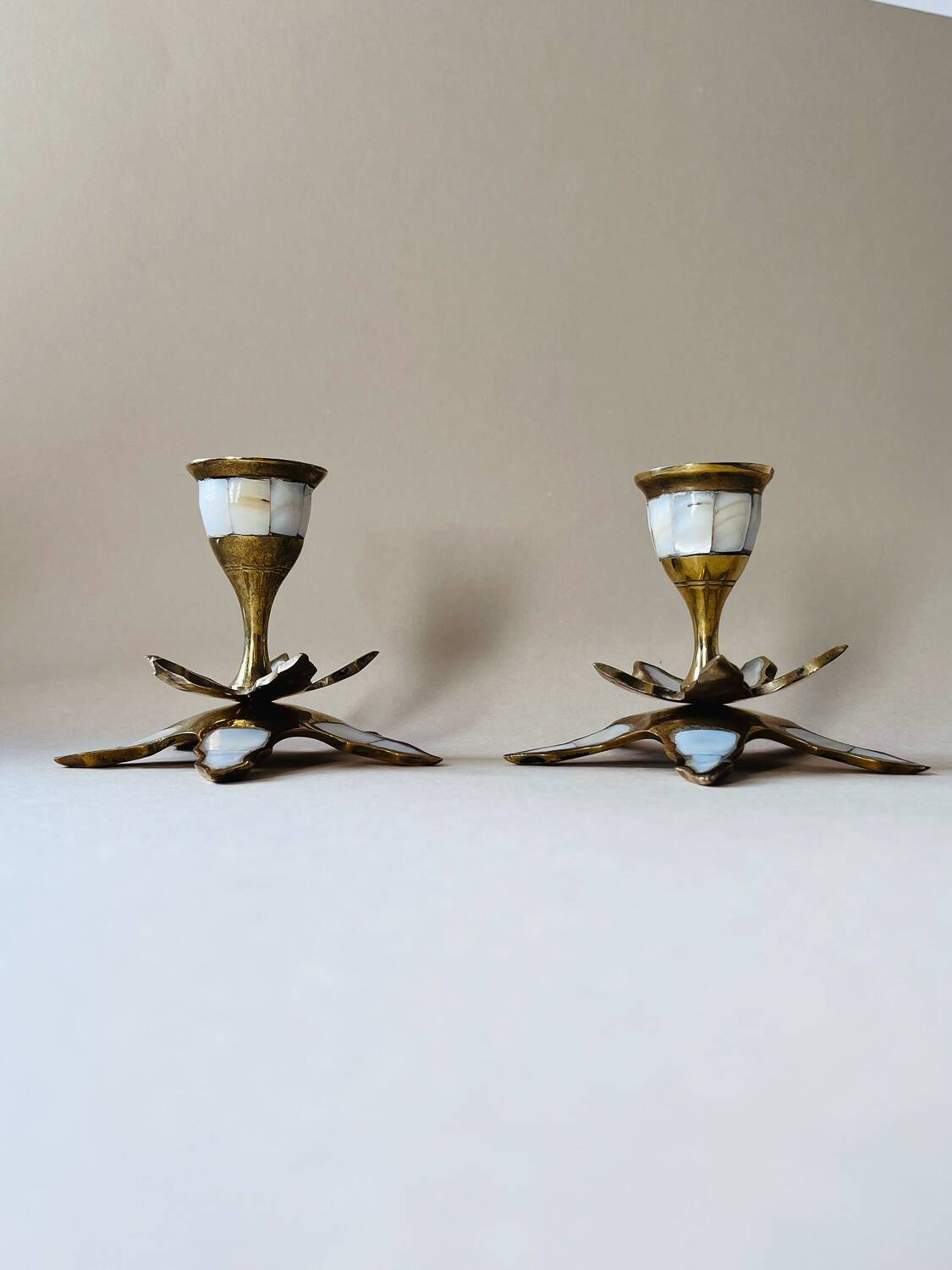 Pair of vintage brass and mother-of-pearl candlesticks