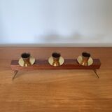 Modernist chandelier in teak and vintage brass.