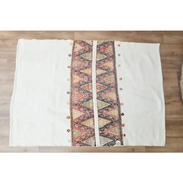 1970s Vintage Turkish Handmade Wool Cotton Beige Kilim Rug 108x151
