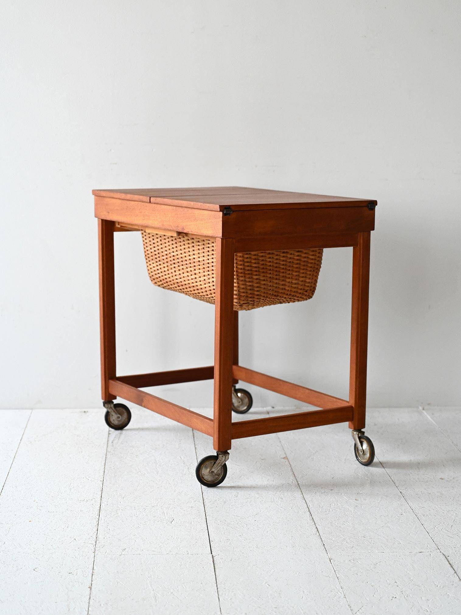 Vintage Scandinavian Sewing Table with Wheels and Basket