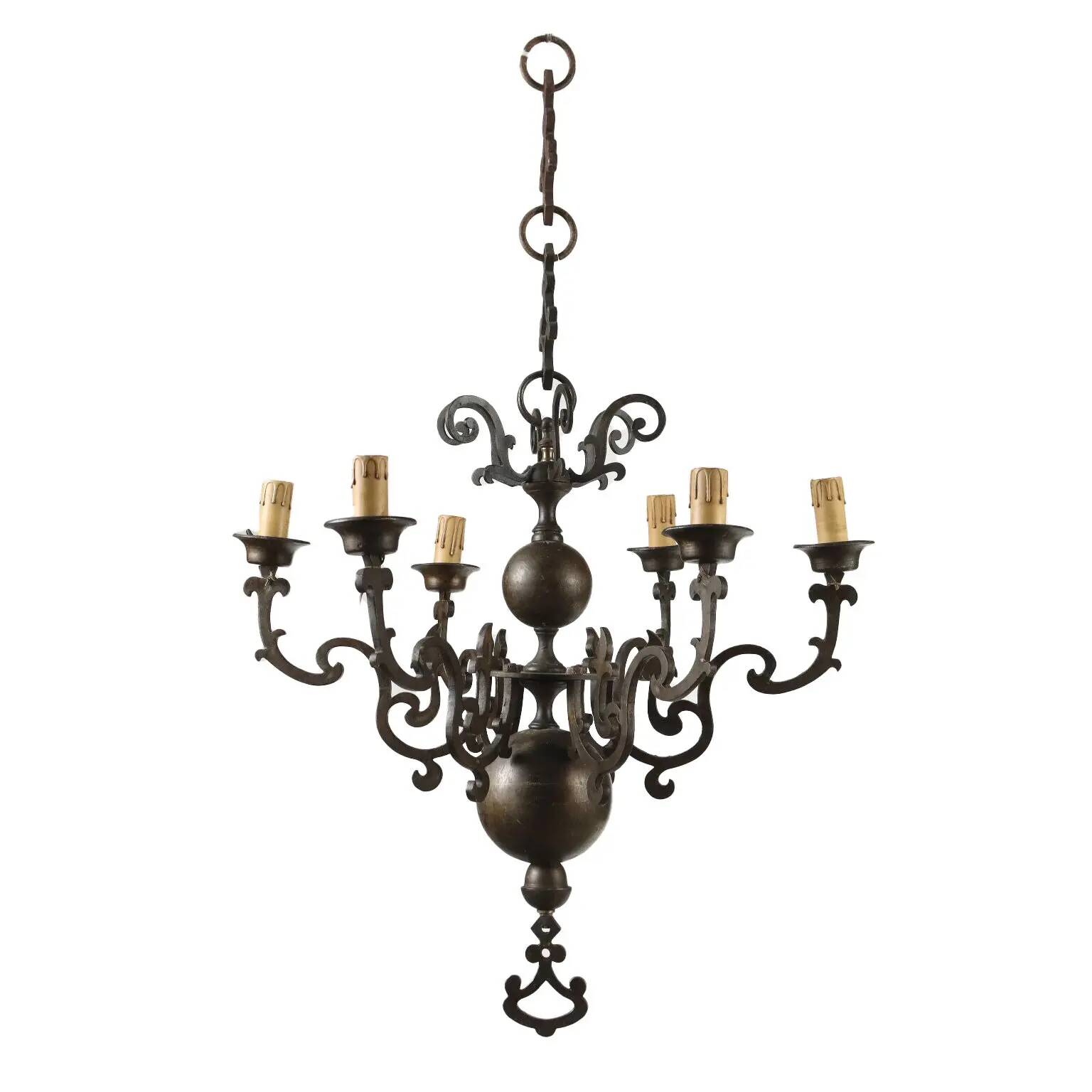 Antique chandelier with 6 lights in bronze, Netherlands, 18th century