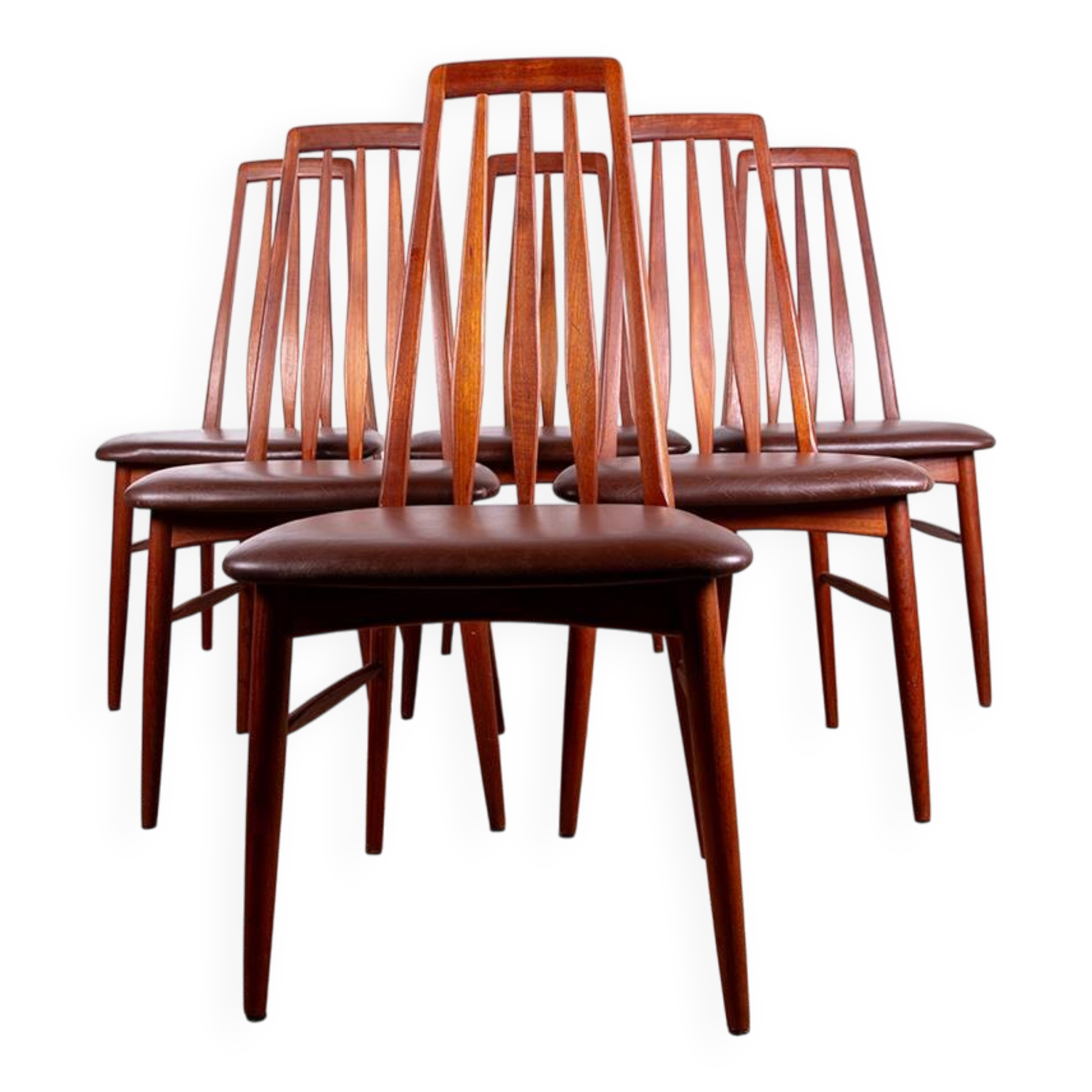 6 Danish chairs in teak and new leather, model "Eva" by Niels Koefoed.