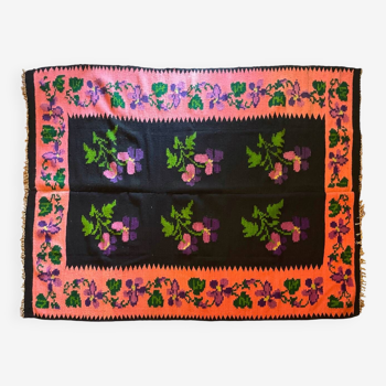 Oltenian floral rug handwoven in wool, purple flowers on black and pink background