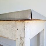 Antique work table in patinated white wood and zinc top - workbench