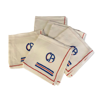 Series of 6 blue and red embroidered white towels with monogram