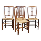 Lot de 4 chaises de salle à manger anglaises anciennes du XIXe siècle avec assises en osier