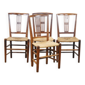 Lot de 4 chaises de salle à manger anglaises anciennes du XIXe siècle avec assises en osier