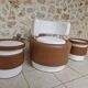 Barrel chair + 2 poufs Selac 1970s cognac and white faux leather