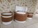 Barrel chair + 2 poufs Selac 1970s cognac and white faux leather