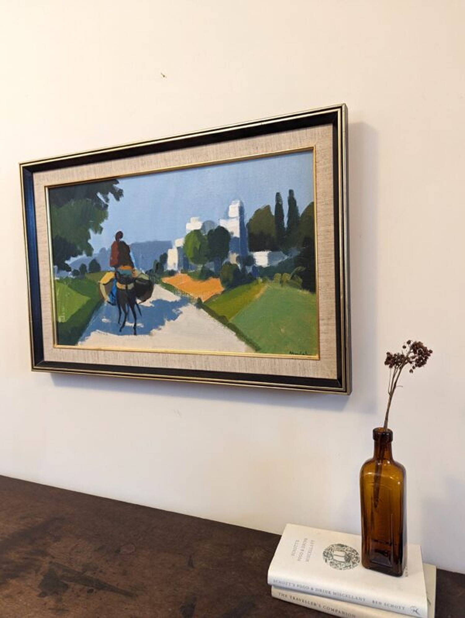 Mid-Century Modern "Rider on the Road" Swedish Vintage Street Scene Oil Painting, Framed