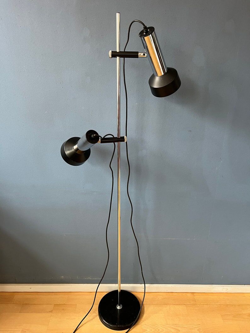 Mid-century floor lamp with two black/chrome spotlights