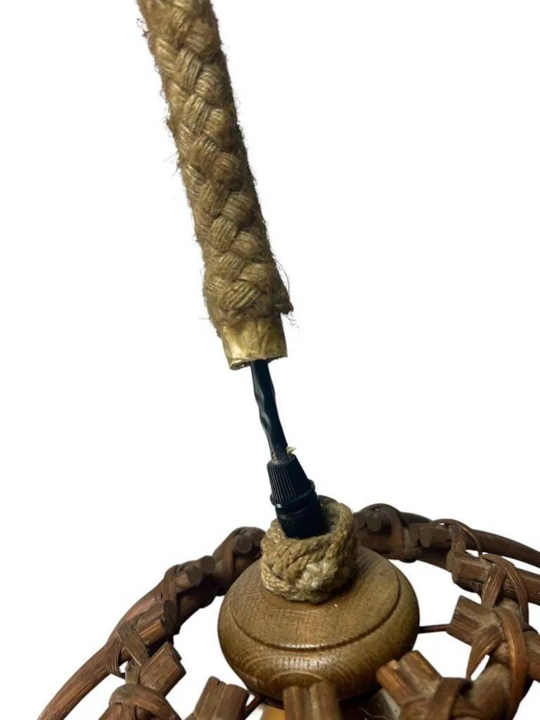 Vintage rattan pendant lamp with glass shade and cord accent