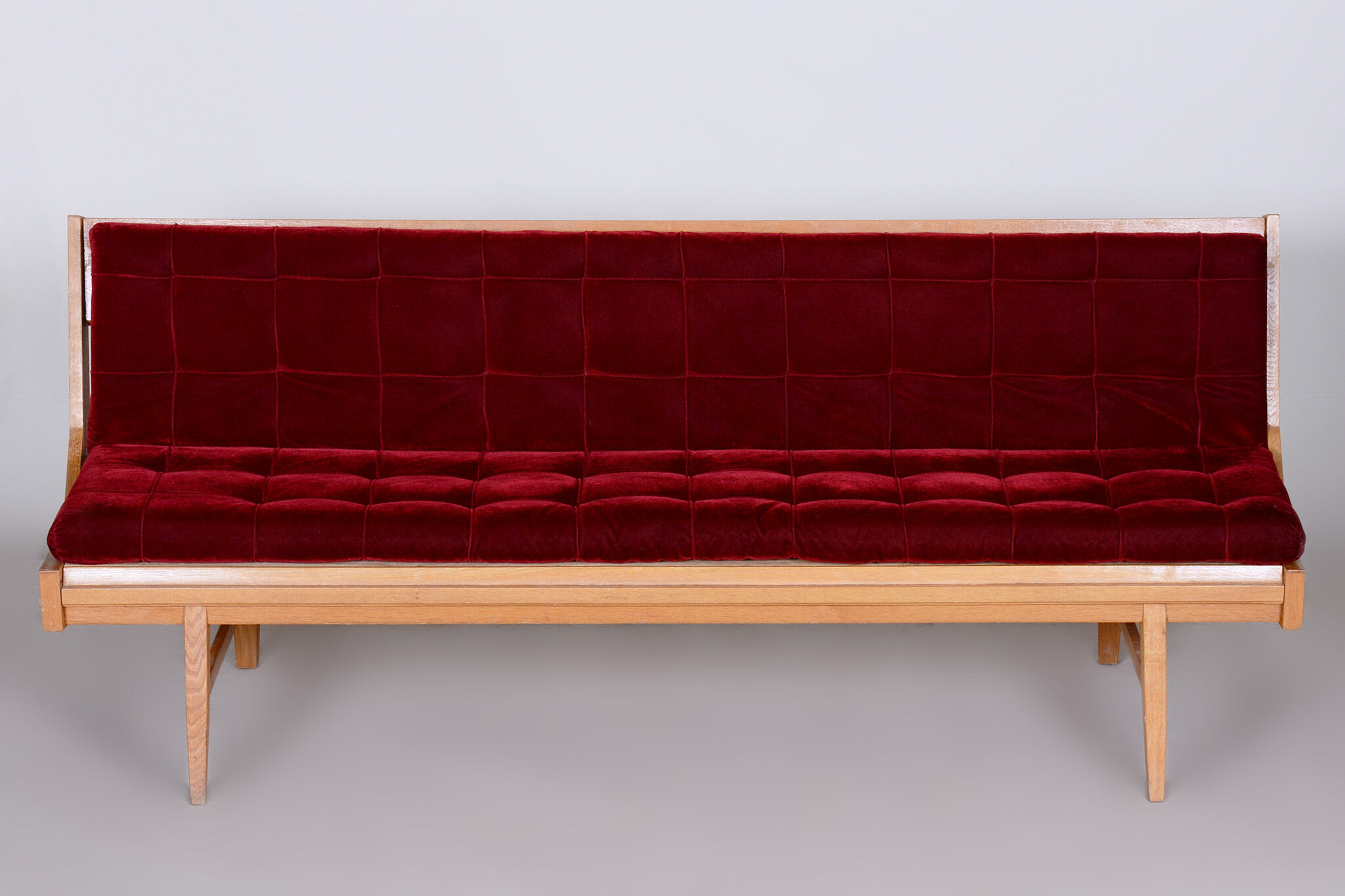 Red Midcentury Modern Oak Sofa, 1950s, Original well preserved upholstery