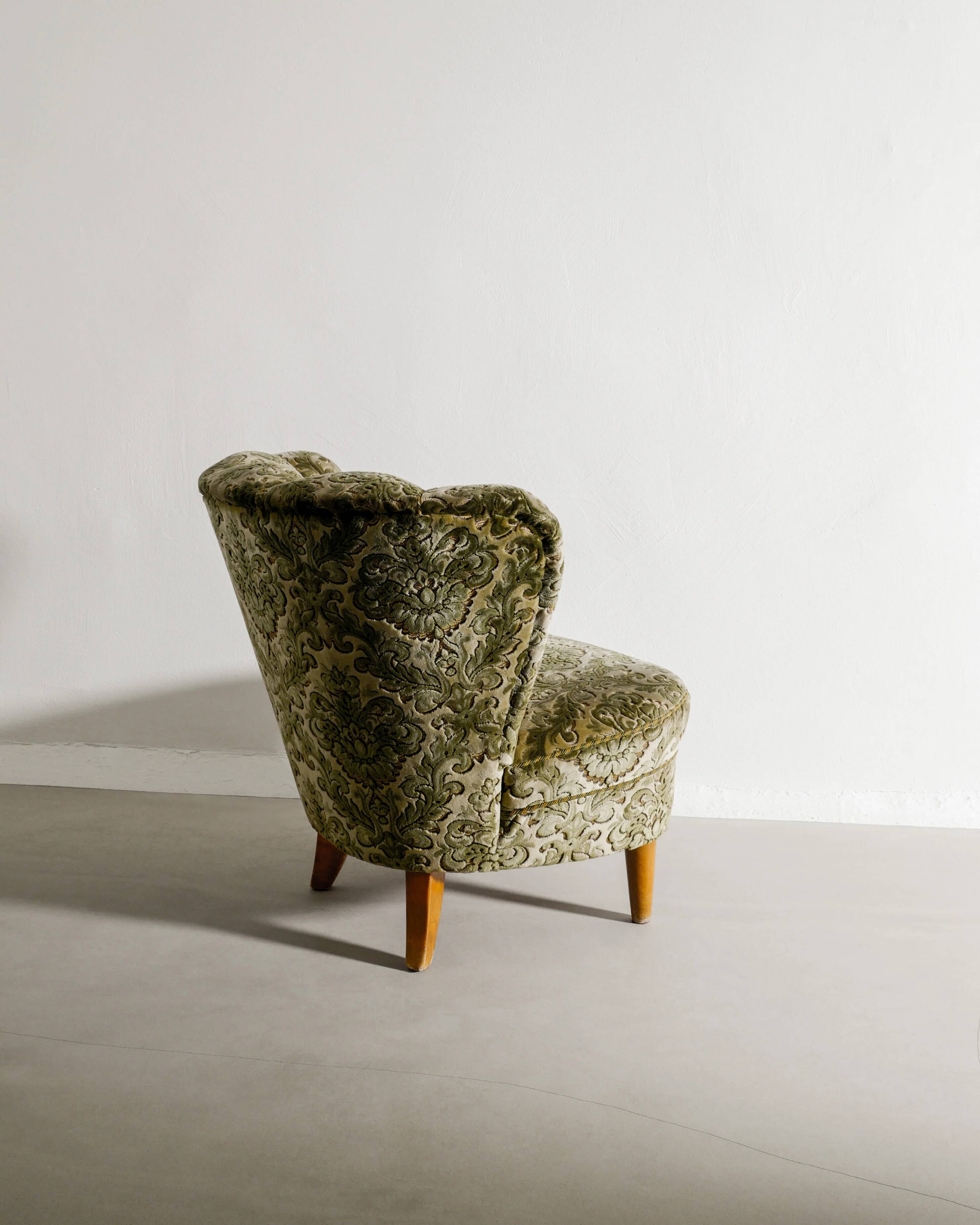 Vintage Swedish Modern Green Floweral Armchairs, 1940s
