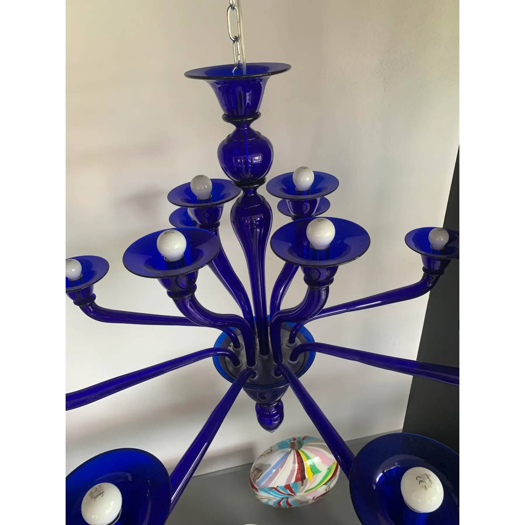 Blue Glass Chandelier, Contemporary, Attributed to Murano
