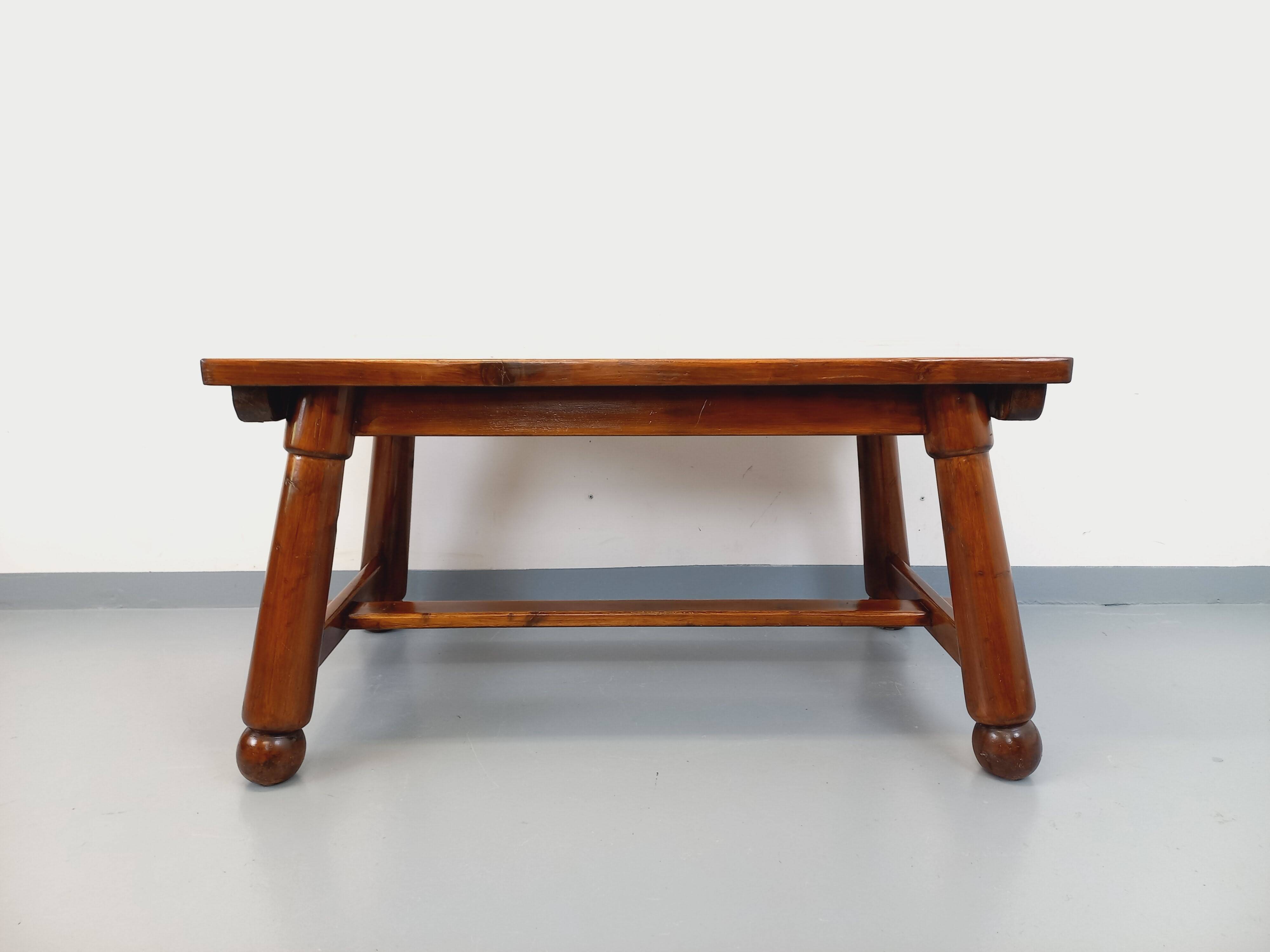 Brutalist rectangular dining table by Georges Robert in pine wood.