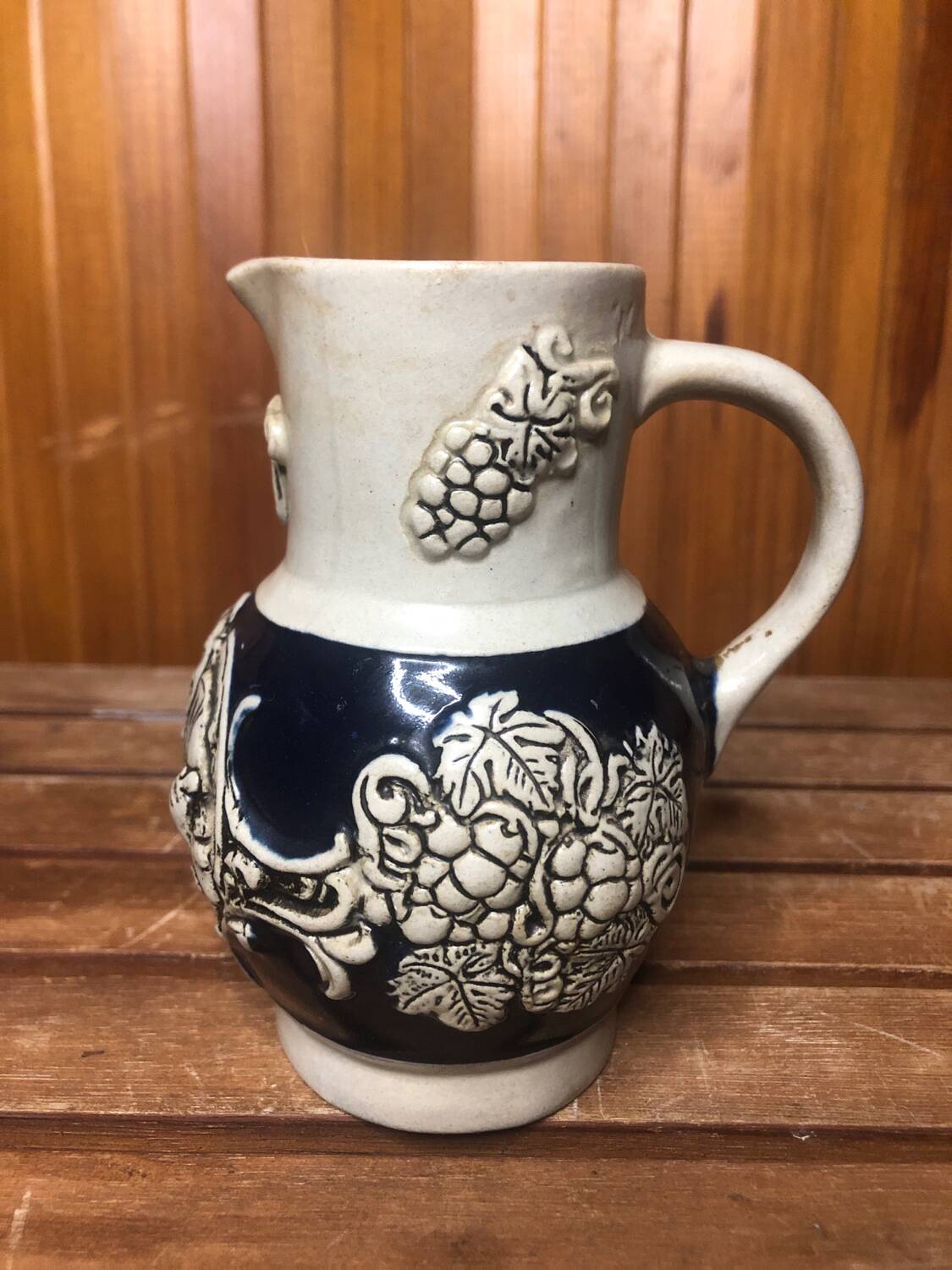 Old alsace ceramic pitcher gray blue vintage vines decor