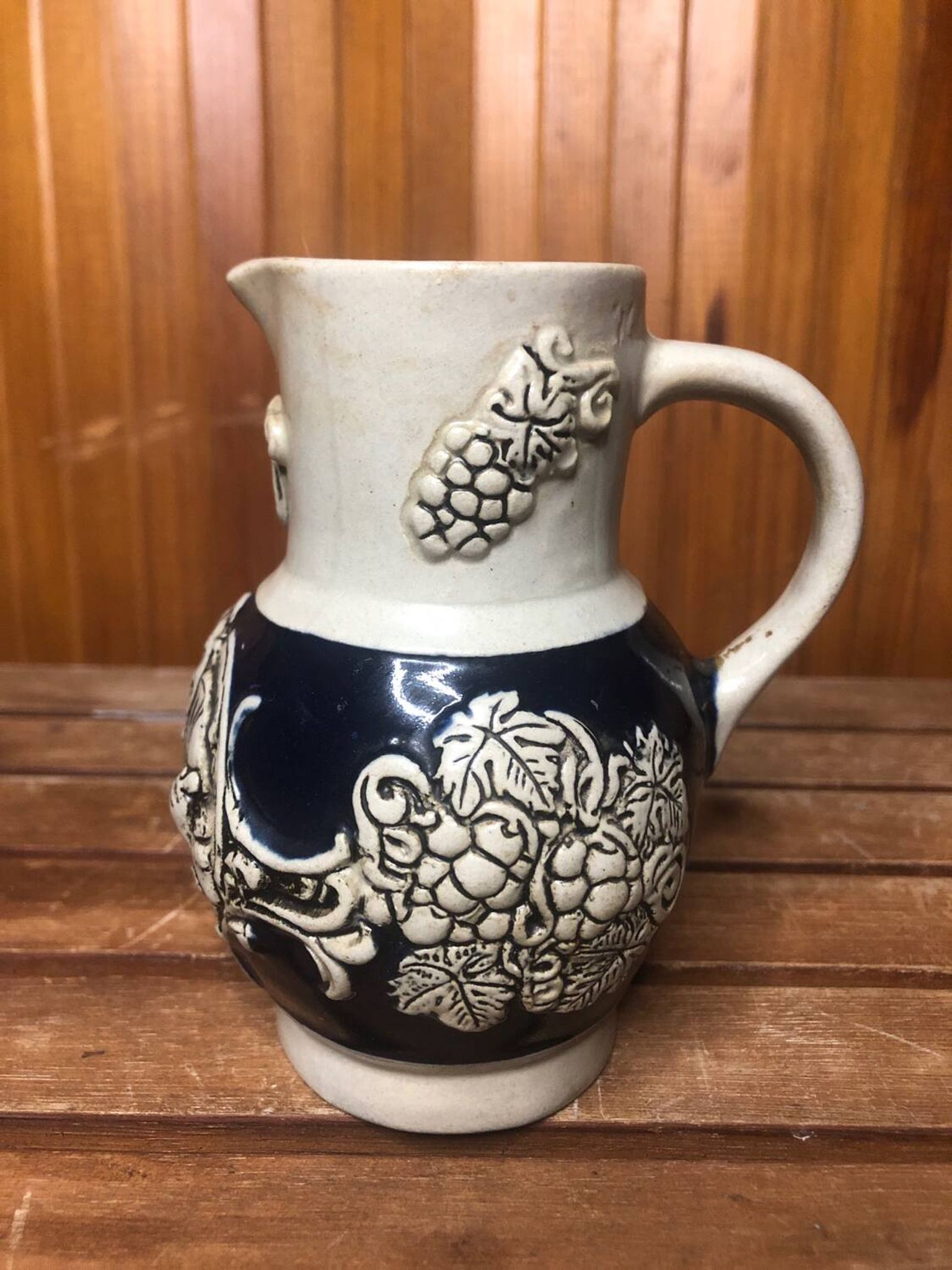 Old alsace ceramic pitcher gray blue vintage vines decor