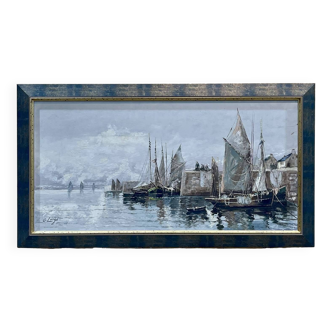 Tableau huile sur toile, marine signée G. Luigi, travail des années 50