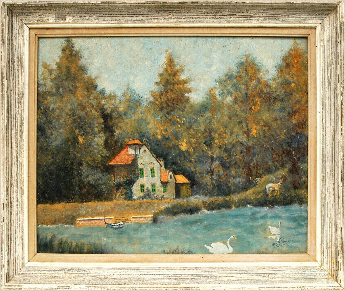 Peinture à l'huile Forêt, vieille maison, animaux sauvages et cygnes sur l'eau