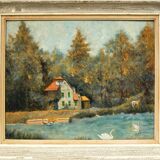 Peinture à l'huile Forêt, vieille maison, animaux sauvages et cygnes sur l'eau