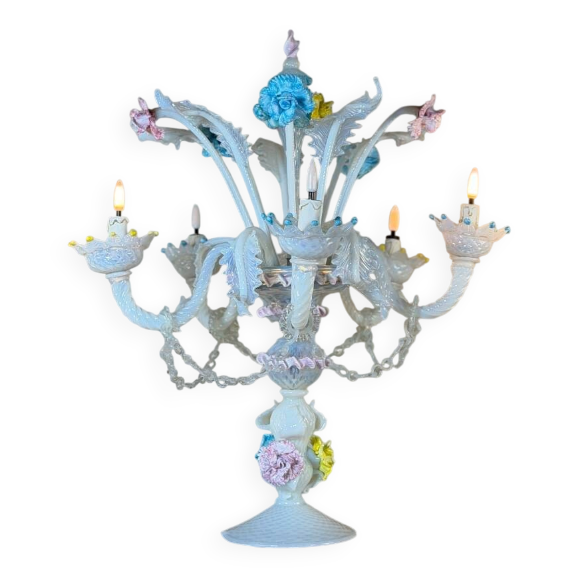 Multicoloured Venetian glass girandole from Murano with a dominant opaline blue, circa 1930.
