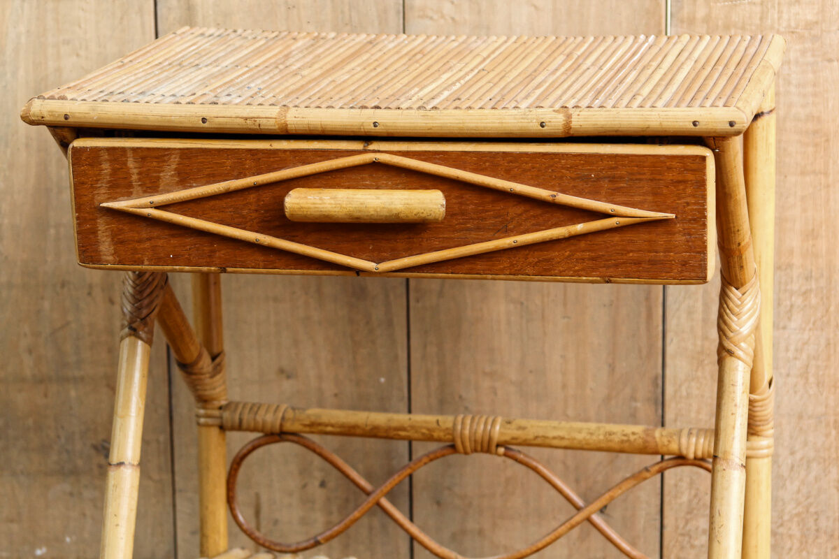 Vintage bedside table, rattan and bamboo