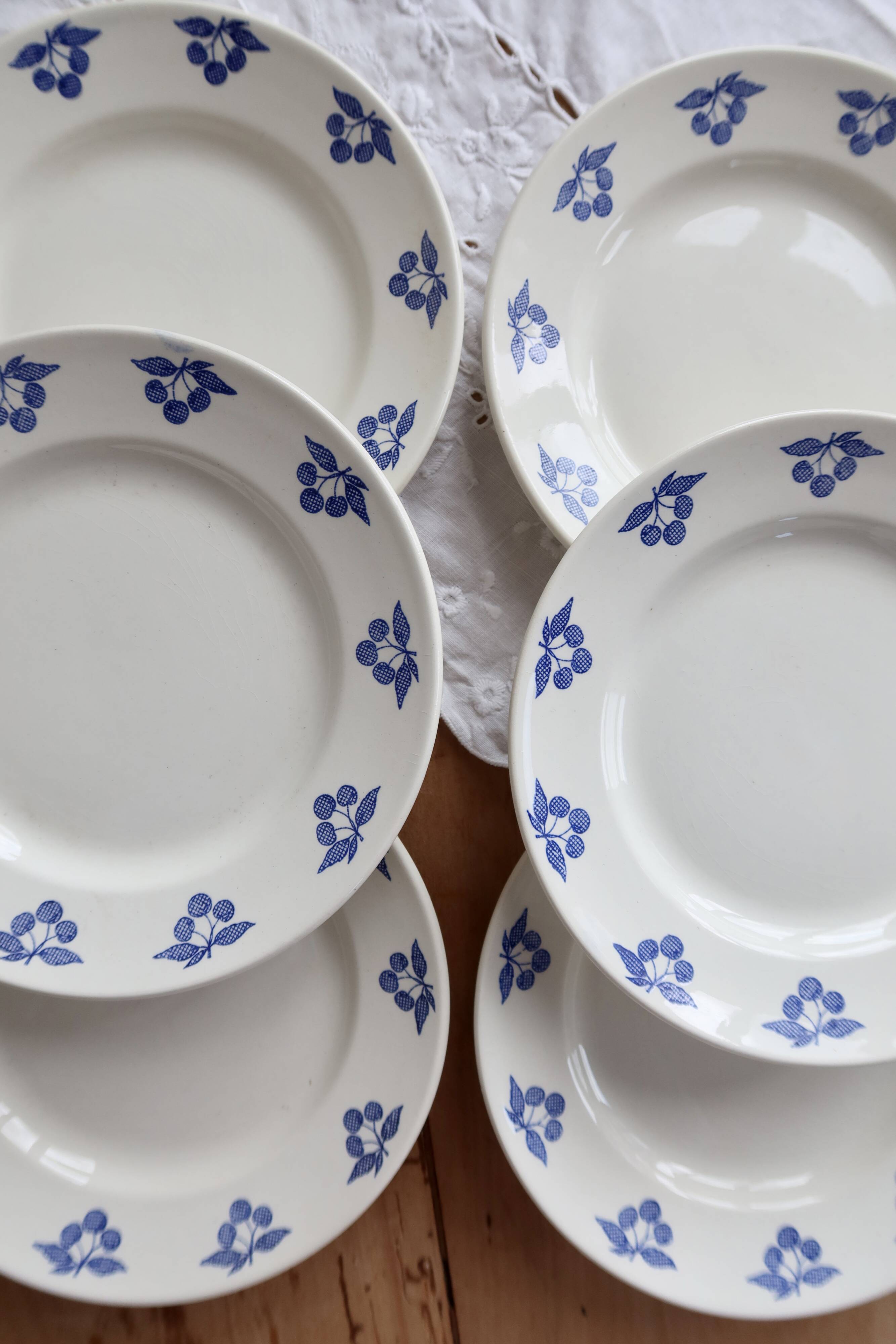 6 vintage white earthenware dessert plates - Blue cherry design