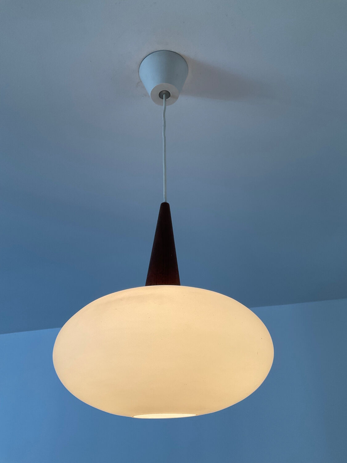 Louis Kalff pendant light in teak and opaline