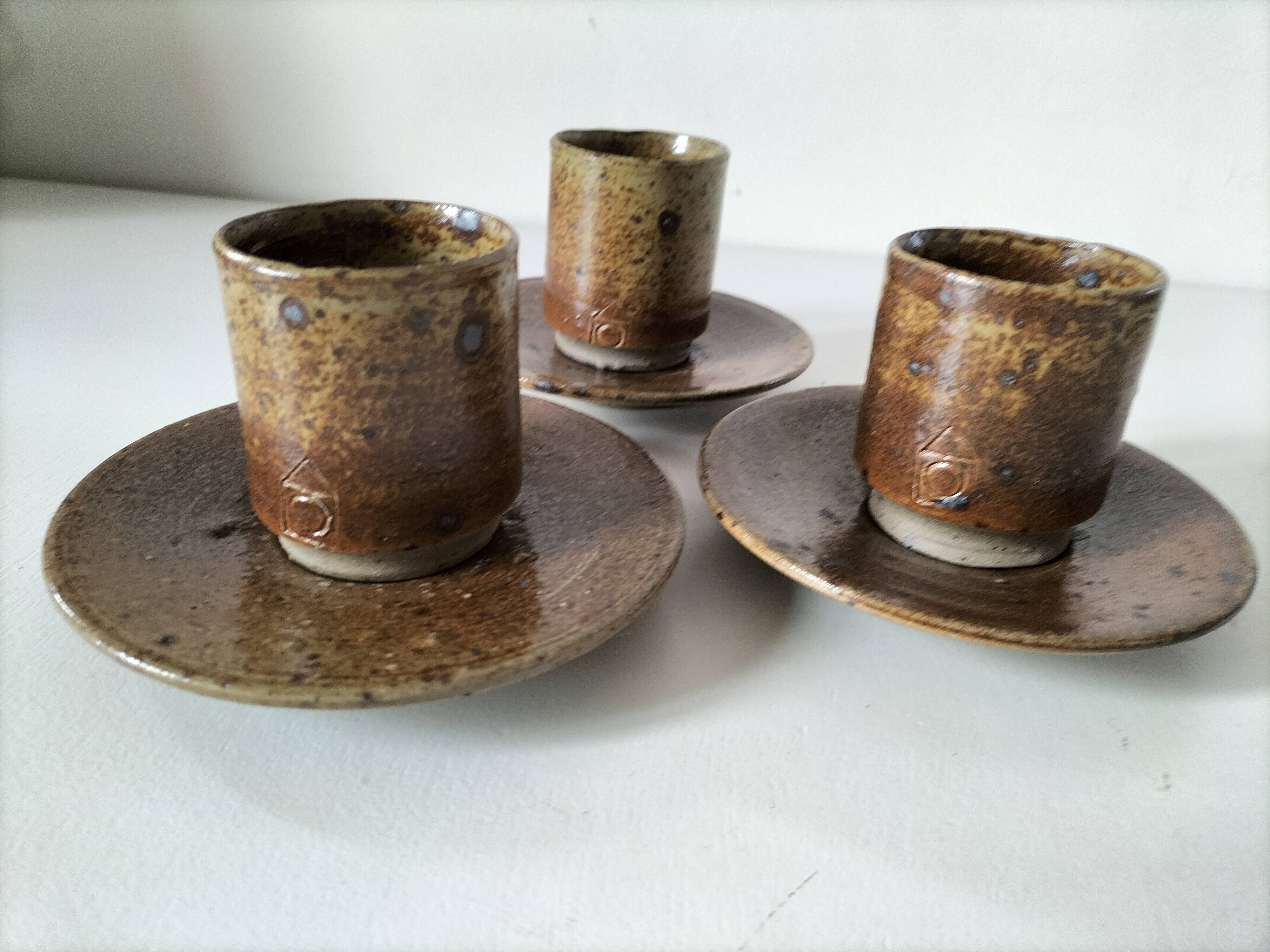 Set of three cups and saucers in pyrite stoneware - Charles Gaudry, Puisaye