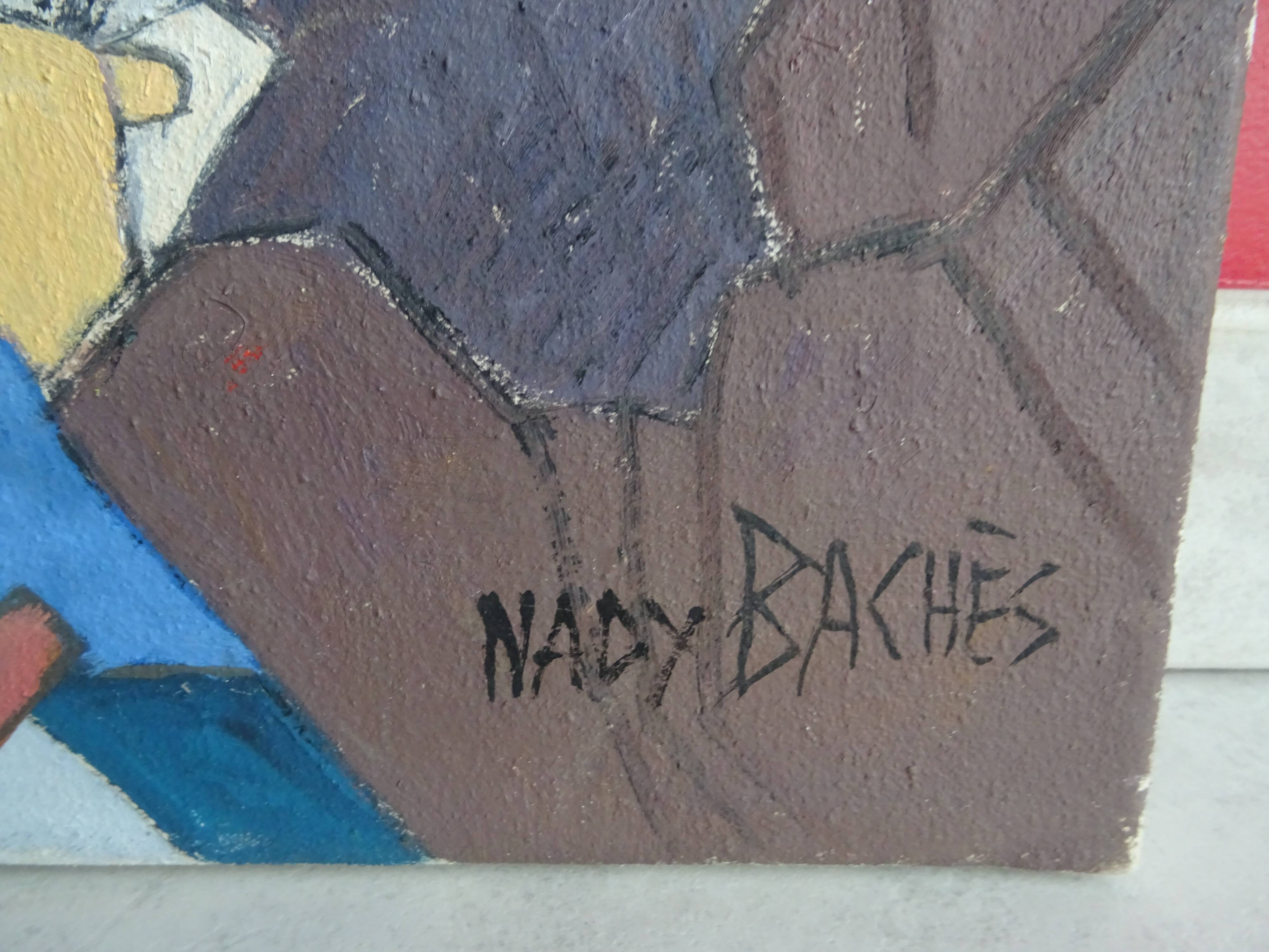 Painting The Card Players Canvas signed Nady Bachès year 60/70