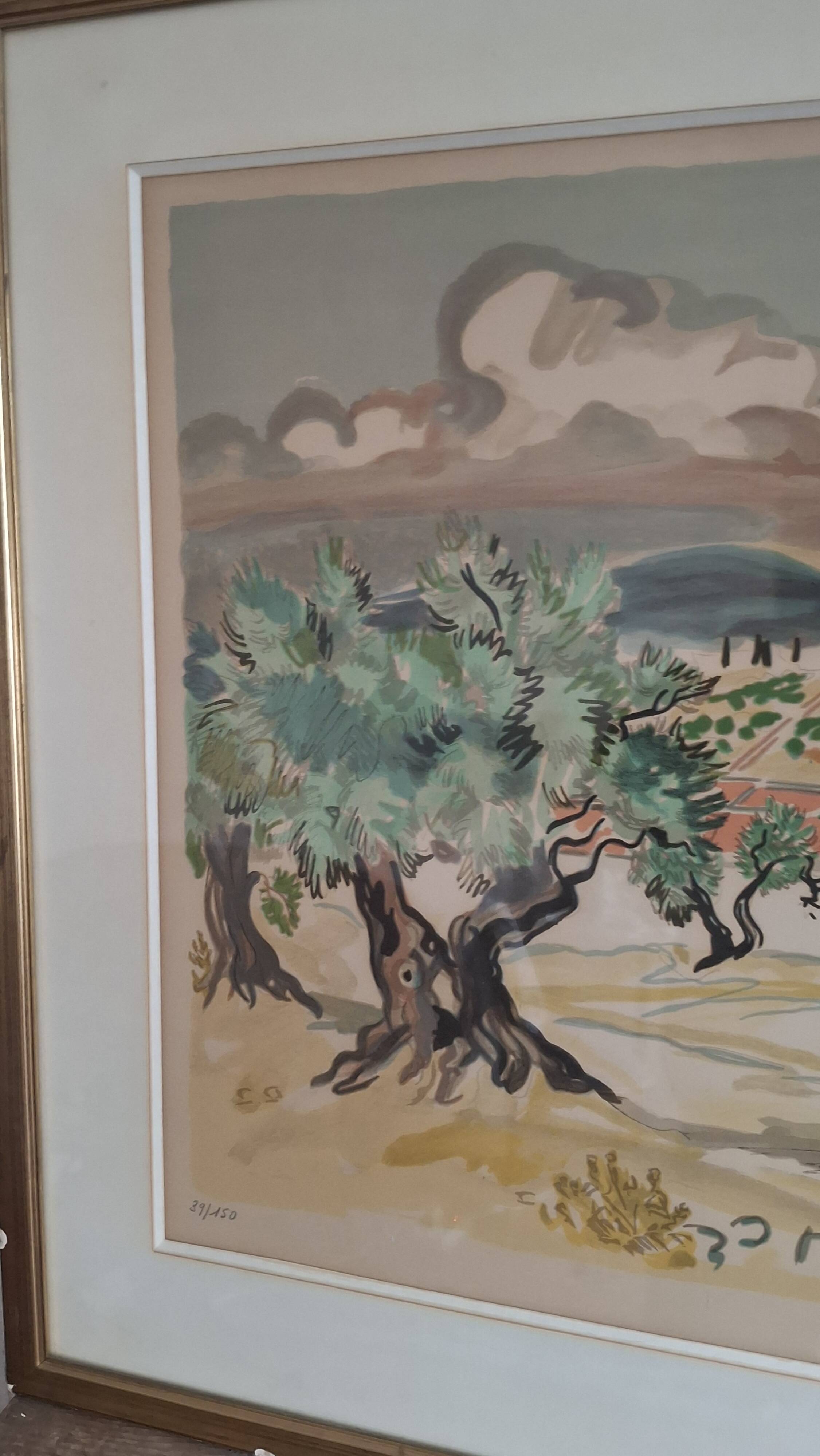 Large lithograph signed by Yves Brayer. Provençal landscape.