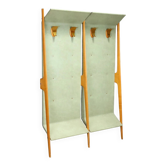 Vintage beech coat rack, faux leather and brass, Italian design, 1960s.