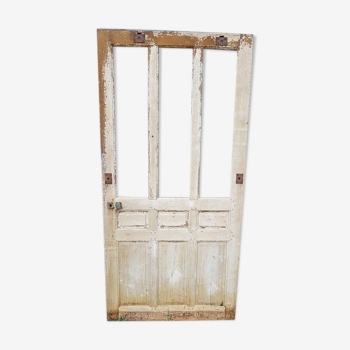 Ancienne porte en chêne massif panneautée avec 3 vitres