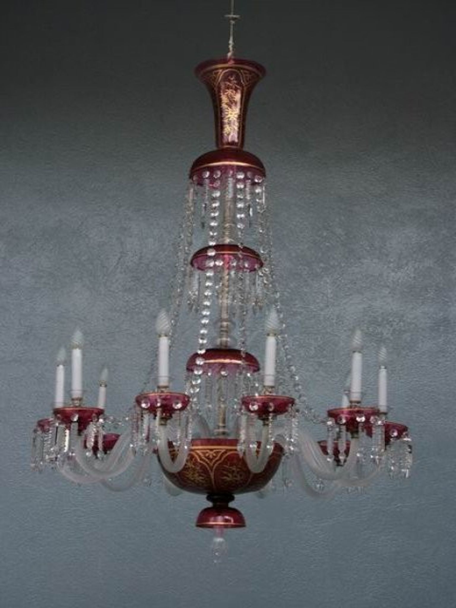 Lustre pampilles XIXème verre coloré doré et dorure