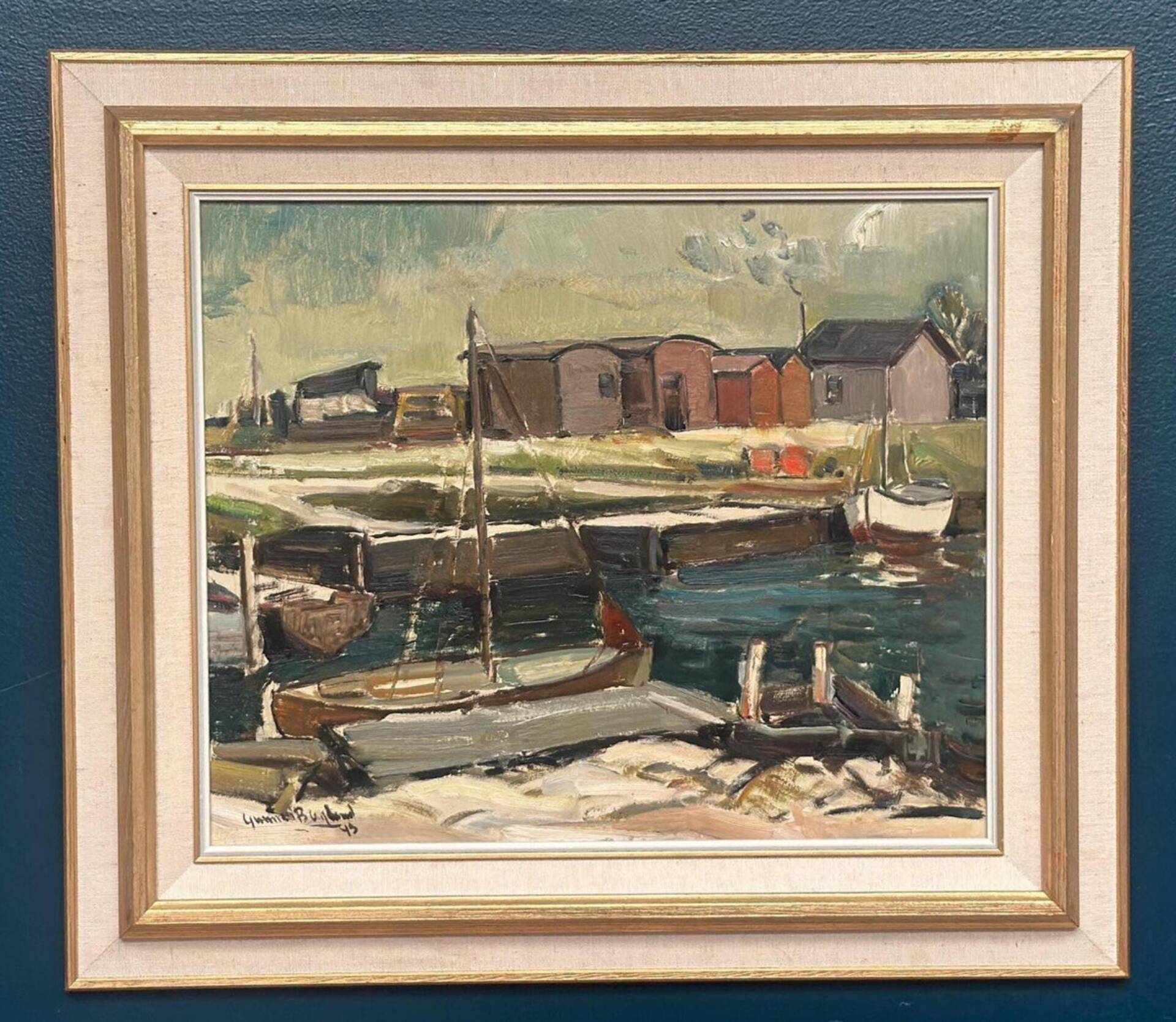 Huile su panneau suédoise – « Motif côtier » par Gunnar Berglund – Datée de 1945