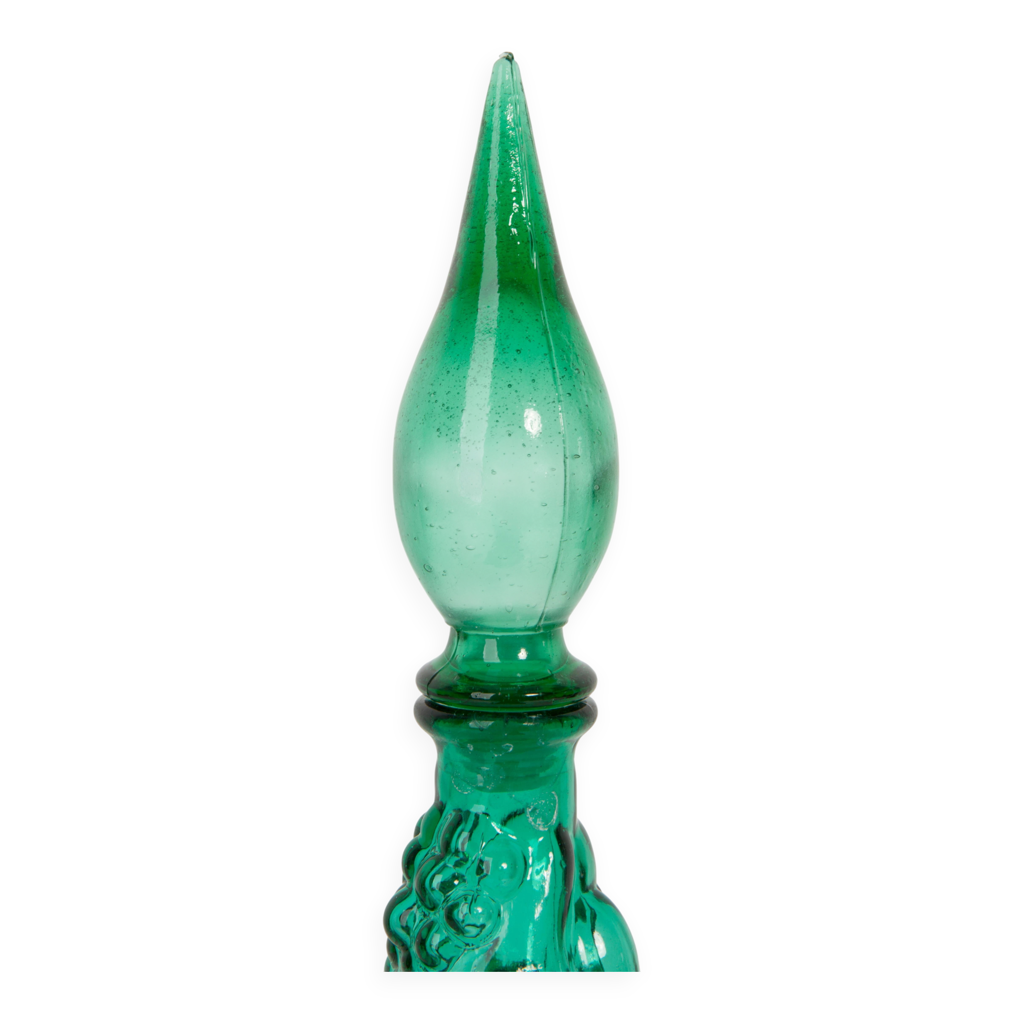 Set of two Genie green glass carafes.