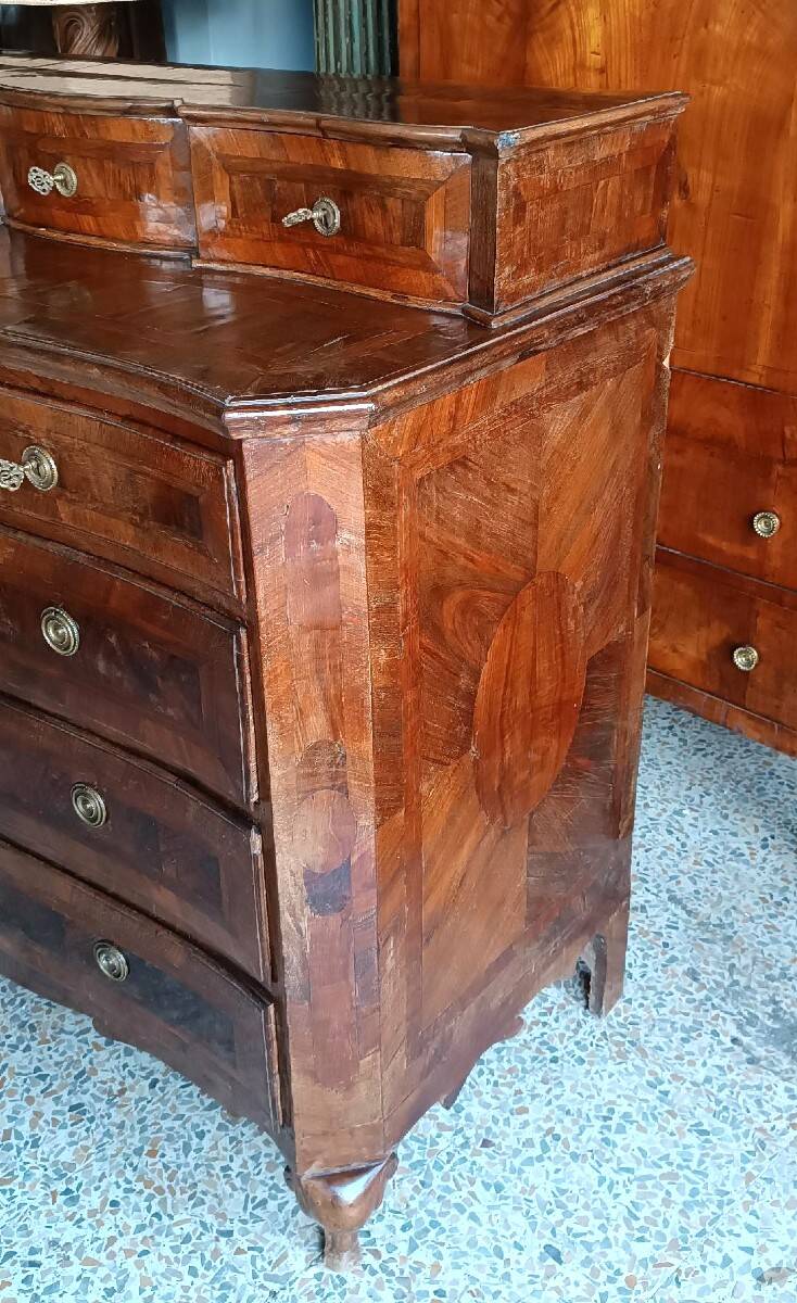 Antique veneered and inlaid commode, 18th century, Northern Italy.