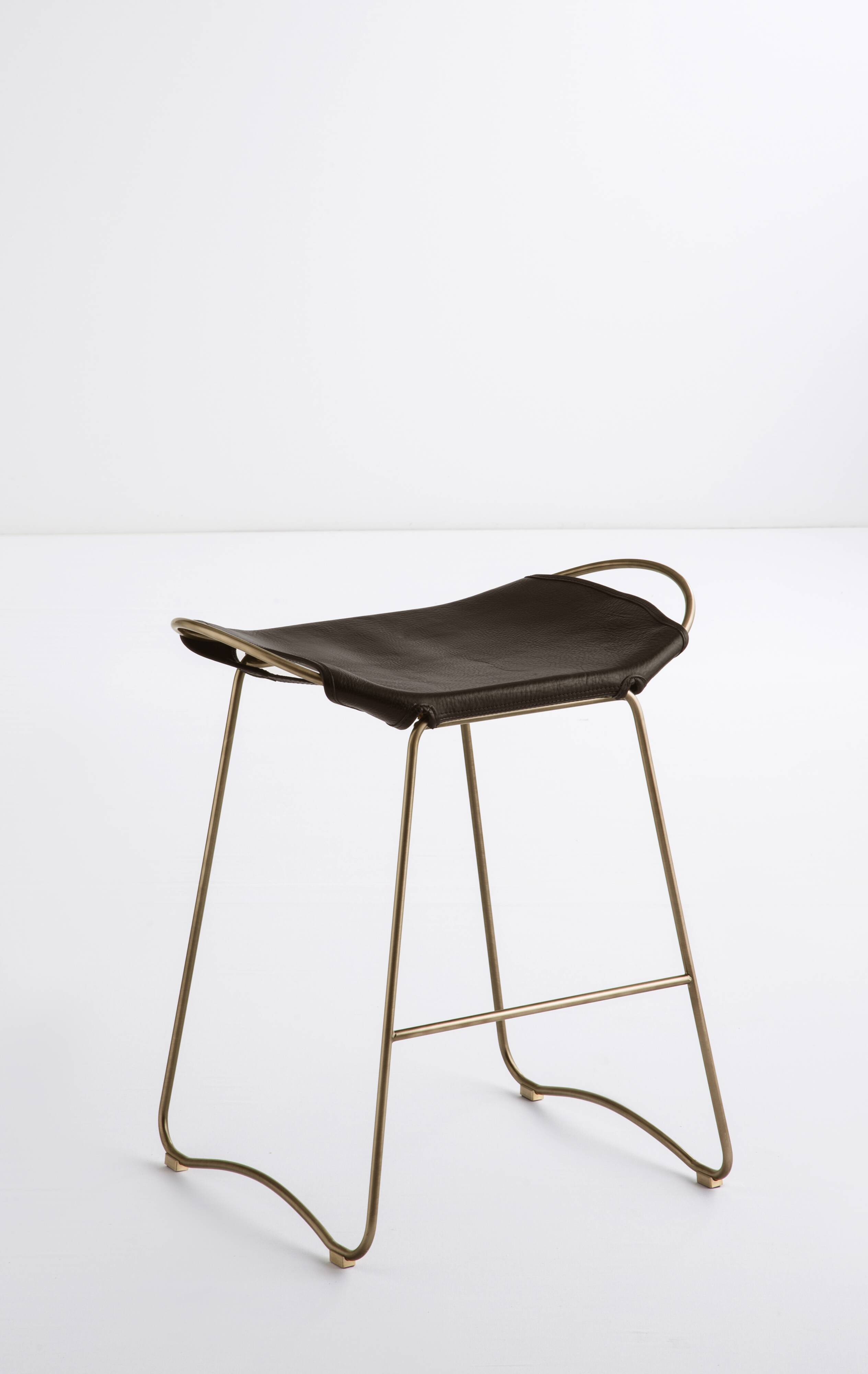 Kitchen Counter Stool Aged Brass Steel & Dark Brown Leather Contemporary St