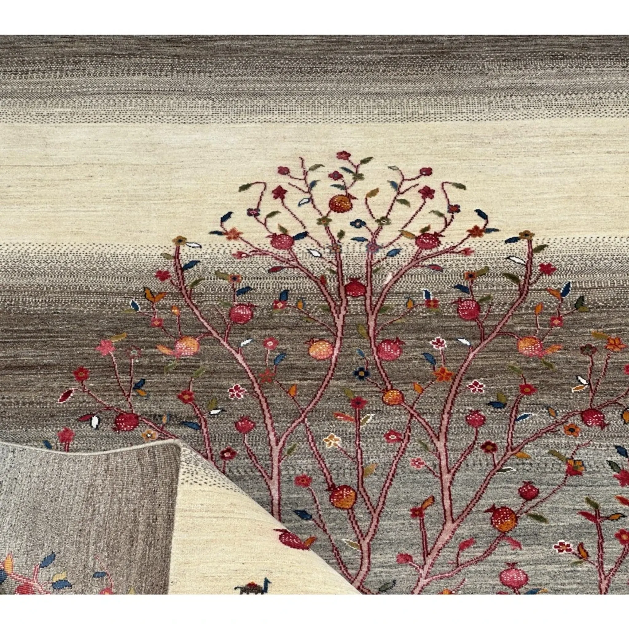 Hand-Knotted Wool Area Rug for Living Room, Tree Design Beige and Brown Carpet