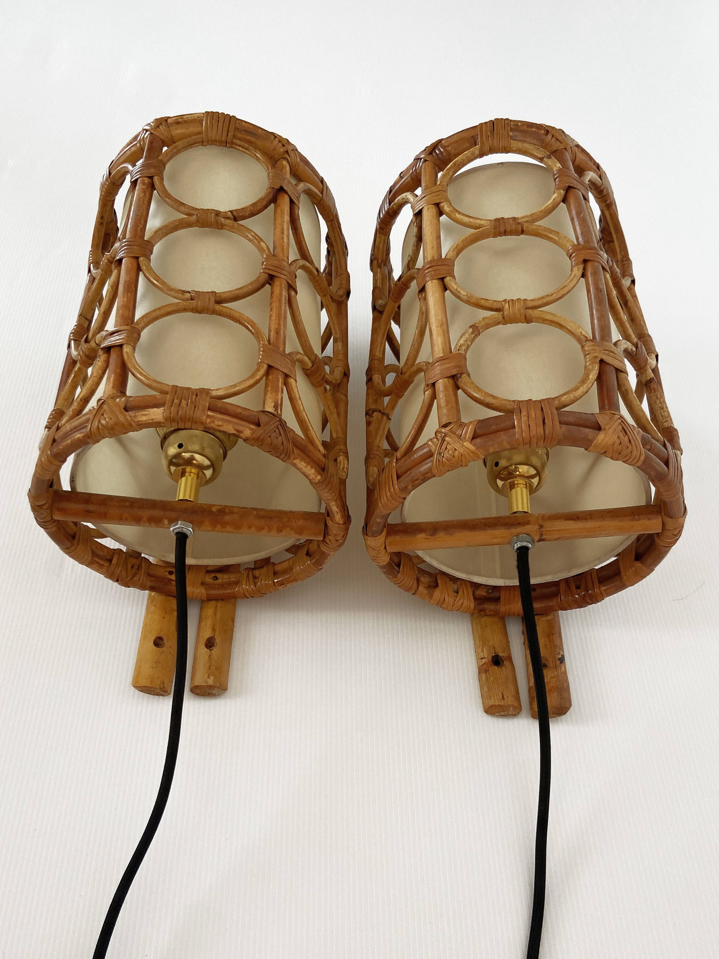 Mid-Century Rattan Wall Sconces — Louis Sognot Style